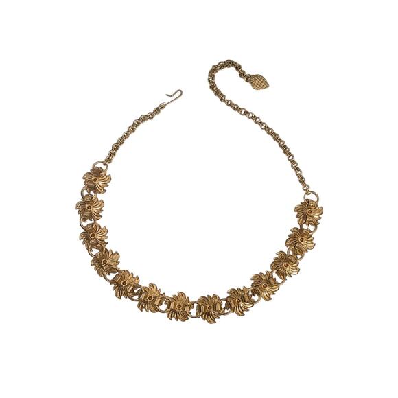 1960s Gold Plate & Green Rhinestones Single Strand Adjustable Flower Choker - Picture 4 of 5